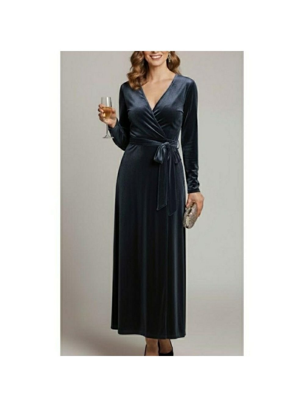 *Tularosa Velvet Wrap Dress Deep Blue Grey Maxi with Ribbon Tie Pockets NWT - M